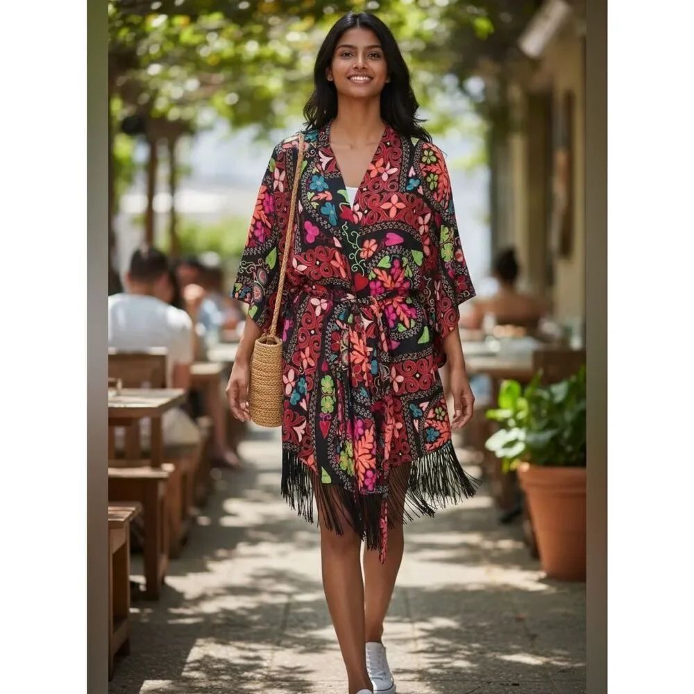 Josie Natori black print fringe belted short kimono coverup robe XS